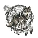 Adult Wolf with cub wolf With full moon background surrounded in dream catcher tattoo design idea