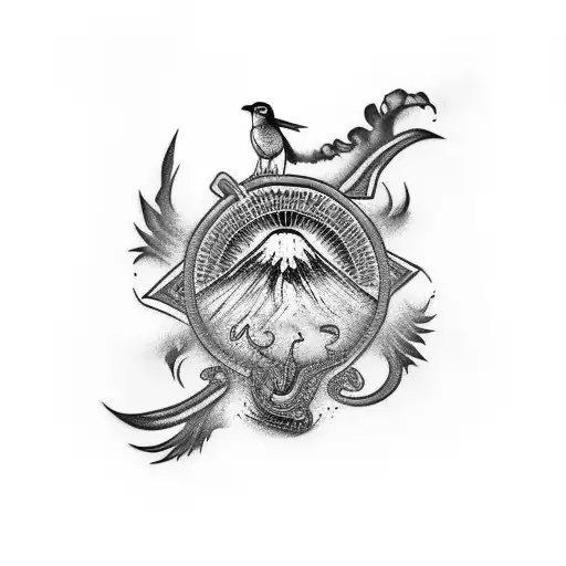 El Salvador culture/volcano/Mayan with bird on top in black and white tattoo design idea