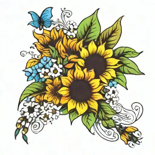 bouquet of flowers  with sunflowers rainbow baby breaths and lilys tattoo design idea