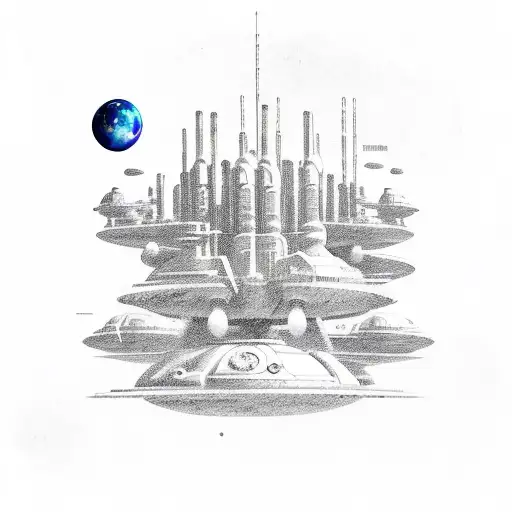 A sci-fi scene featuring spaceships and planets from the client's favorite fictional universes tattoo design idea