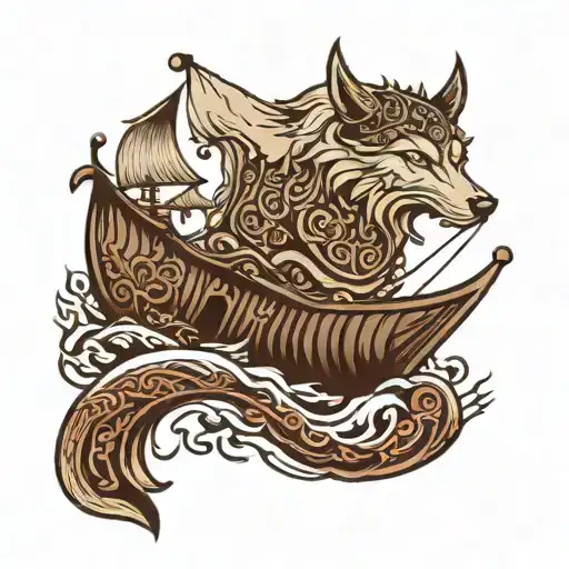 Wolf viking ship sailing tattoo design idea