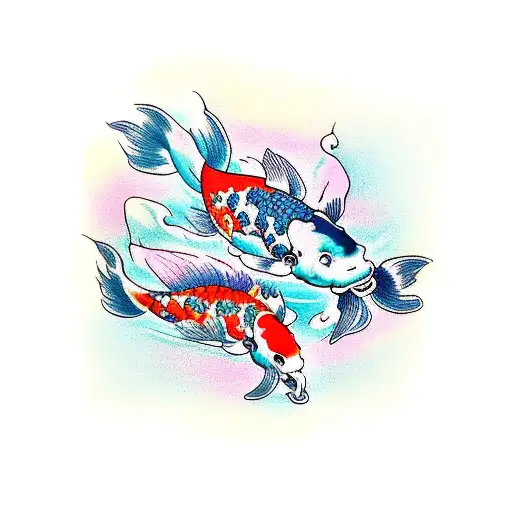 two koi fish swiming with lilies tattoo design idea