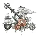 full (front, side, shoulder) & back tattoo that combines a ship, rose, swords & clock tattoo design idea