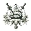 full (front, side, shoulder) & back tattoo that combines a ship, rose, swords & clock tattoo design idea