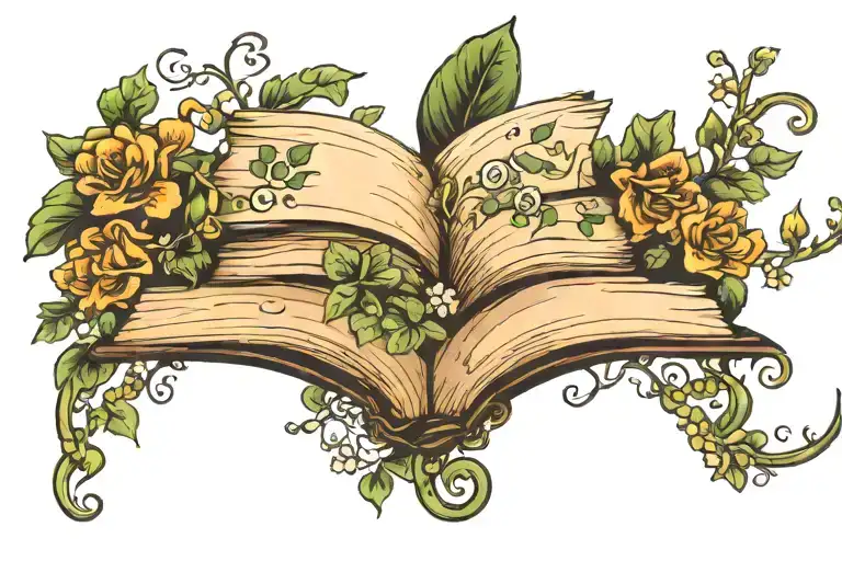 horizontal book shelf tattoo with creeper plant with flowers twirling around  tattoo design idea