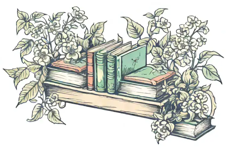 horizontal book shelf tattoo with creeper plant with flowers twirling around  tattoo design idea