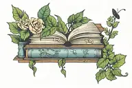 horizontal single book shelf tattoo with creeper plant with flowers twirling around  tattoo design idea
