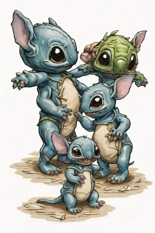 cute stitch family holding hands on beach scene tattoo design idea