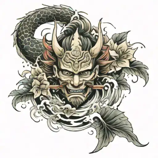 Traditional Japanese with water lilys oni mask female shinobi boats and buildings  tattoo design idea