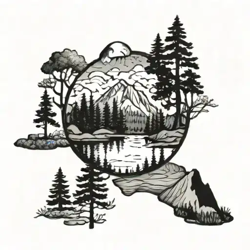 forest, mountain, lake mirror, cloud tattoo design idea