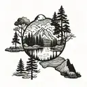 forest, mountain, lake mirror, cloud tattoo design idea