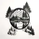 forest, mountain, lake mirror, cloud tattoo design idea