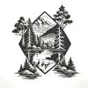forest, mountain, lake mirror, cloud tattoo design idea