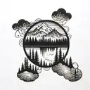 forest, mountain, lake mirror, cloud tattoo design idea