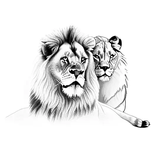 A majestic lion and a loyal dog standing side by side in a powerful and symbolic composition tattoo design idea