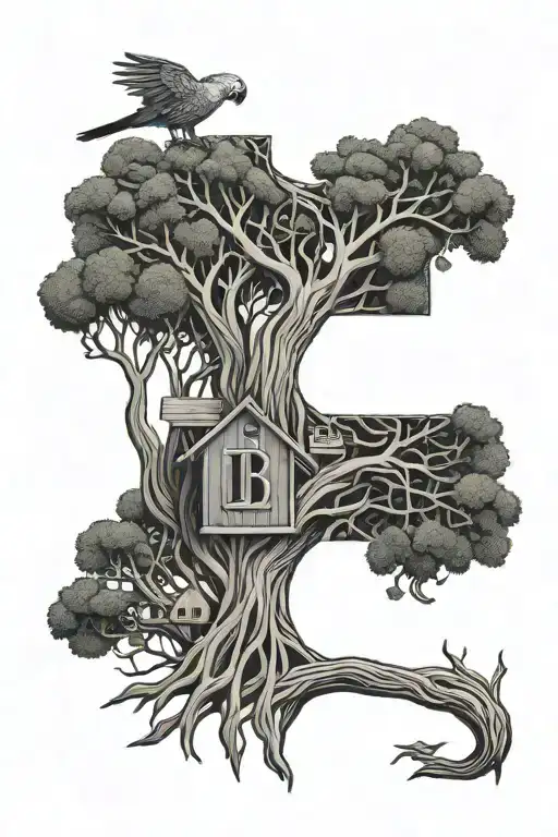 tree,  Letter B integrated into the roots, Grey parrot, Tree house tattoo design idea
