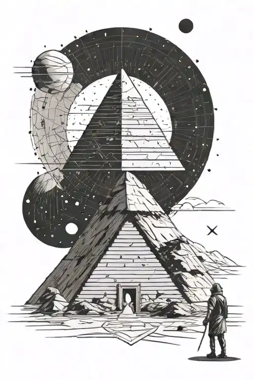 an alchemist walking towards a pyramid in the desert, with a moon above in the sky  tattoo design idea