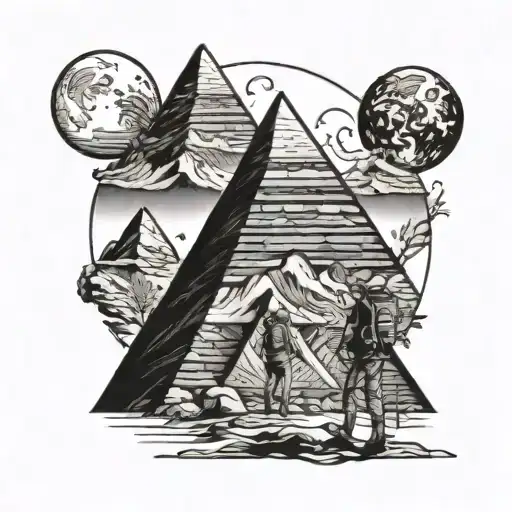 Inspired by the book the alchemist, a hiker walking towards 3 pyramids with a half crescent moon above in the sky. tattoo design idea