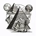 Inspired by the book the alchemist, a hiker walking towards 3 pyramids with a half crescent moon above in the sky. tattoo design idea