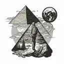 Inspired by the book the alchemist, a hiker walking towards 3 pyramids with a half crescent moon above in the sky. tattoo design idea