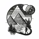 Inspired by the book the alchemist, a hiker walking towards 3 pyramids with a half crescent moon above in the sky. tattoo design idea