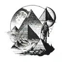 Inspired by the book the alchemist, a hiker walking towards 3 pyramids with a half crescent moon above in the sky. tattoo design idea