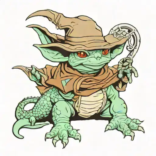 totodile yoda with cowboy hat sitting tattoo design idea
