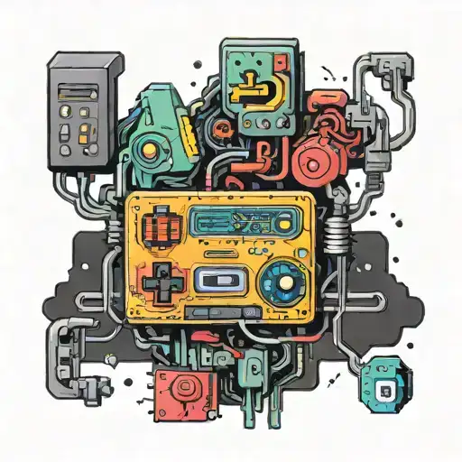 An alternative culture-inspired tattoo design incorporating gaming symbols and DIY aesthetics, like circuit board patterns and pixel art, in a modern and edgy new-school style tattoo design idea