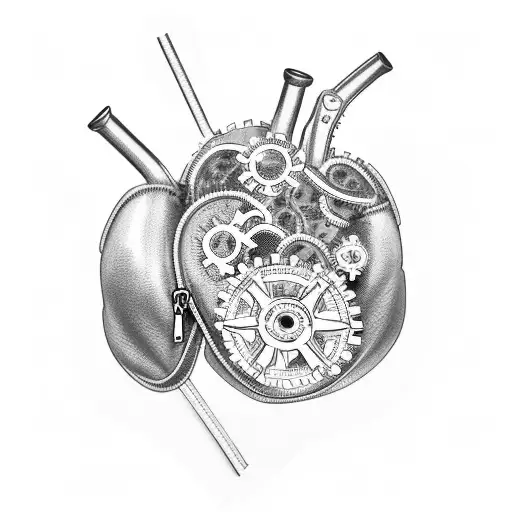 A zipper opening up to reveal a heart with gears inside tattoo design idea