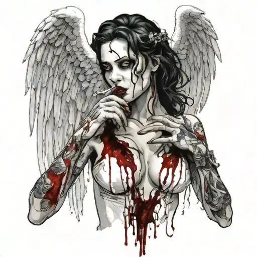 Sexy Angel Smoking Cigarette Covered in blood evil facial expression large cleavage white bloody torn dress Angel wings tattoo design idea