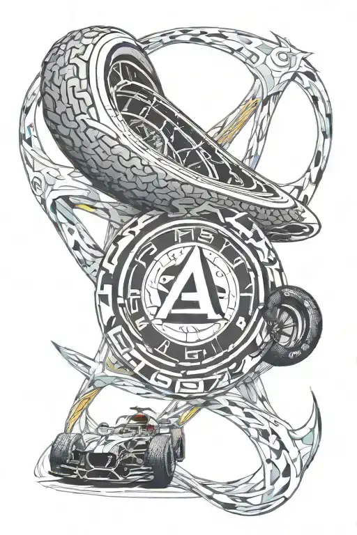 atheist symbol merging with formula 1 tire  tattoo design idea