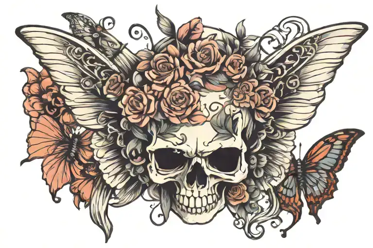 skull butterfly wings tattoo design idea