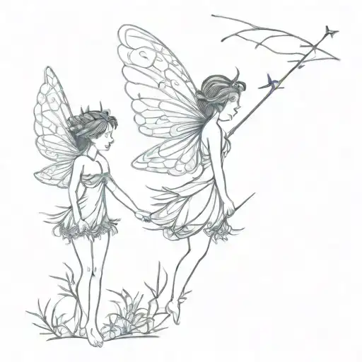 two fairies mystical landscape with "leslie's gorgeous boy" written  tattoo design idea
