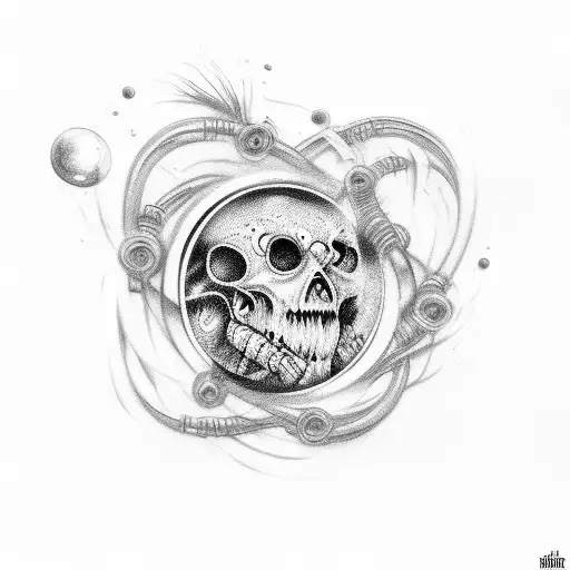 A camera lens intertwined with guitar strings and surrounded by horror movie characters tattoo design idea