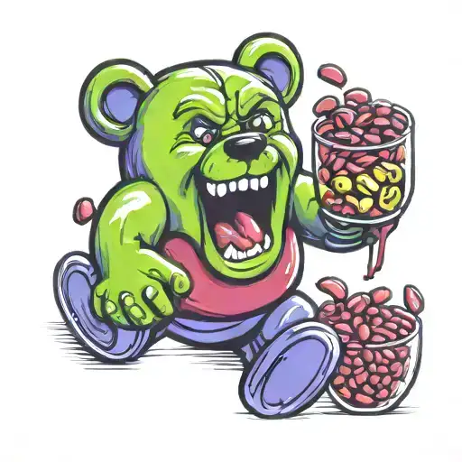 gummy bear with angry face and holding kidney beans tattoo design idea