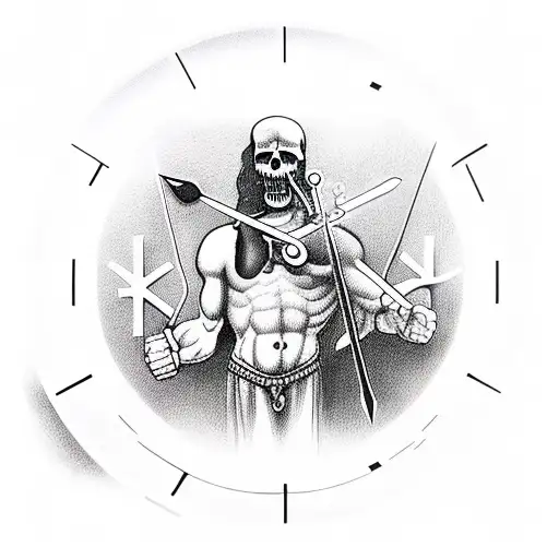hercules holding a clock with the grim reaper above the clock tattoo design idea