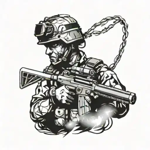 Combine a silhouette of a combat engineer with a field of barbed wire tattoo design idea