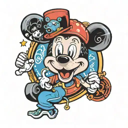 A neotraditional design featuring Braxton surrounded by Mickey Mouse and Blues Clues symbols tattoo design idea