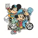 A neotraditional design featuring Braxton surrounded by Mickey Mouse and Blues Clues symbols tattoo design idea