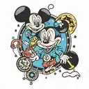 A neotraditional design featuring Braxton surrounded by Mickey Mouse and Blues Clues symbols tattoo design idea