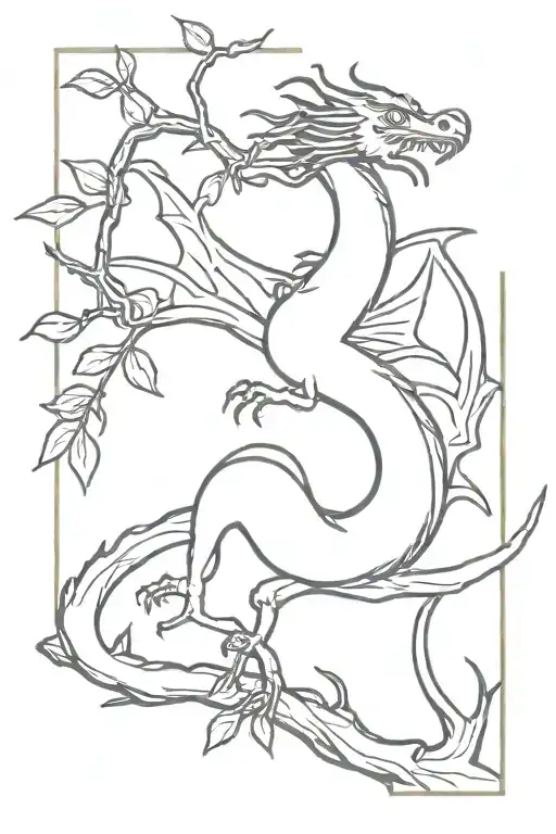 black ink dragon with spreaded wings sitting on a cherry tree branch tattoo design idea