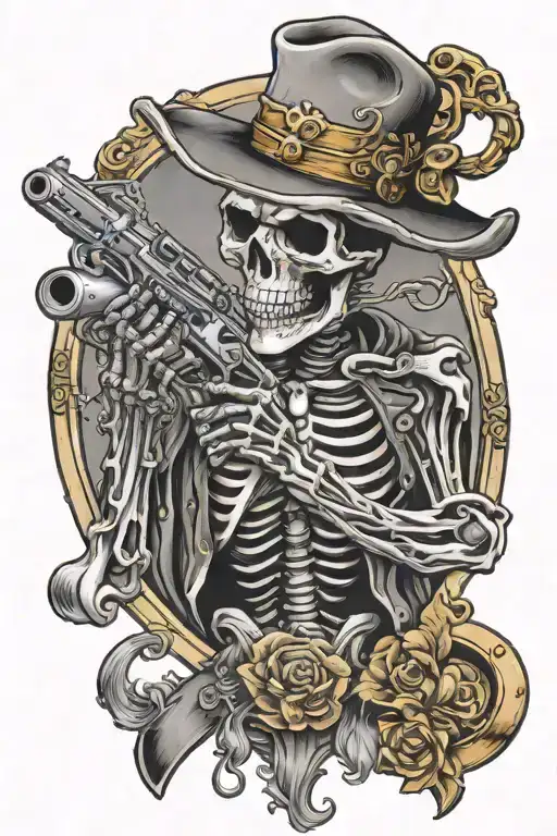 western skeleton with gold and guns tattoo design idea