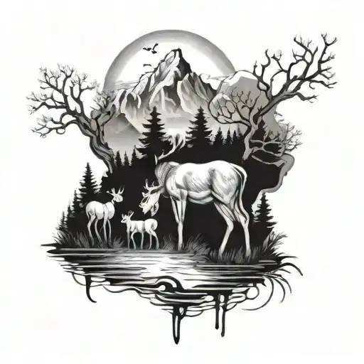 A tattoo of a serene mountain landscape with a winding river and a family of deer peacefully grazing, symbolizing tranquility and the beauty of nature tattoo design idea