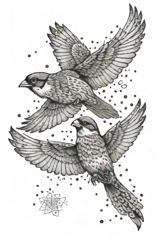 2 House Sparrows flying together tattoo design idea