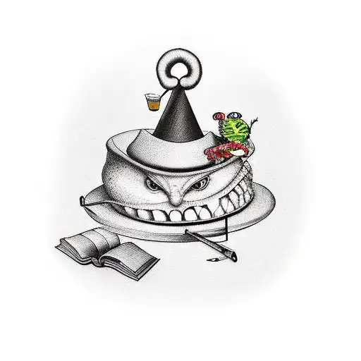 New school tattoo of the caterpillar from Alice in Wonderland wearing a graduation cap drinking a glass or bourbon tattoo design idea