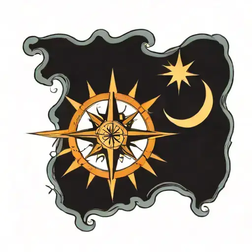 letter k, nautical star compass rose, sun and moon tattoo design idea