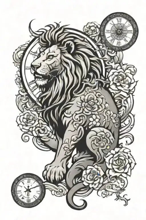 lion and clock tattoo design idea