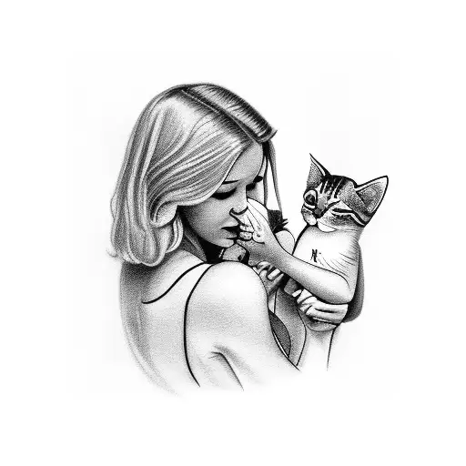 Drawing of a blond farm woman nursing a kitten tattoo design idea