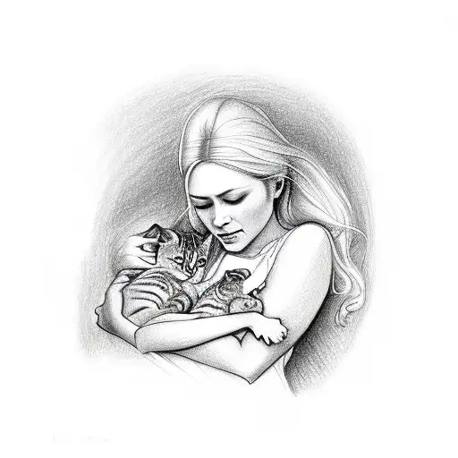 Drawing of a blond farm woman nursing a kitten tattoo design idea