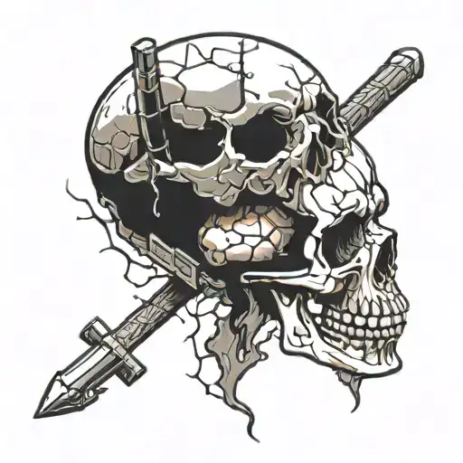 skull smashed by brick tattoo design idea
